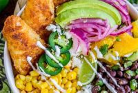 Crispy Beer-Battered Fish Burrito Bowl with Sunshine Avocado Salsa