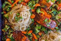 One Pan Asian Sesame Salmon with Noodles and Roasted Veggies