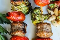 Quick Sausage & Broccoli Skewers with Zesty White Bean Salad