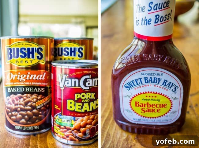 Crispy Bacon Bean Bake 5 Assortment of canned beans and barbecue sauce bottles, key ingredients for delicious baked beans.