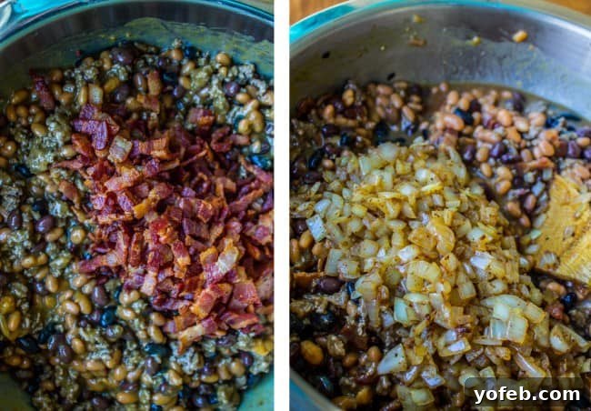 Crispy Bacon Bean Bake 6 A close-up of the delicious baked bean and beef mixture with crispy bacon and sautéed onions on top, ready for the oven.