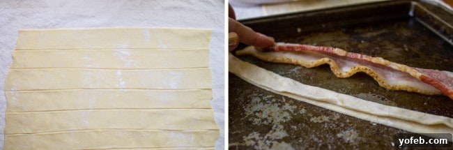 Savory Puffy Bacon Twists with Zesty BBQ Ranch 5 Puff pastry sheet rolled out and cut into strips