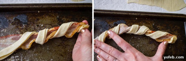 Savory Puffy Bacon Twists with Zesty BBQ Ranch 6 Hand twisting bacon and puff pastry together