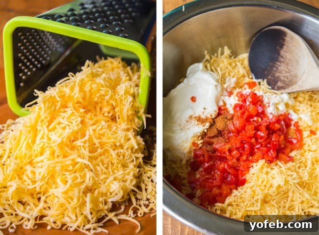 Golden Pimiento Perfection 9 Shredded cheddar cheese, the main ingredient for Pimiento Cheese Dip