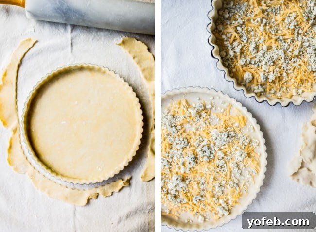 Tangy Blue Cheese and Sweet Tomato Tart 7 Tart crust being pressed into a tart pan, ready for filling