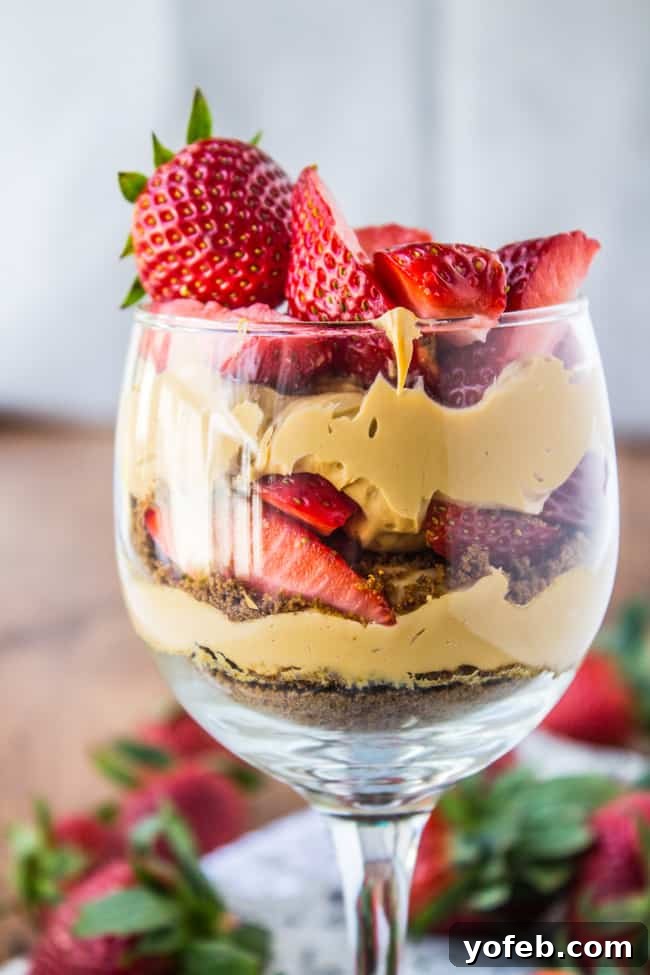 Irresistible Dulce de Leche Cheesecake Parfaits 6 Close-up of a finished Dulce de Leche Cheesecake Parfait with strawberries