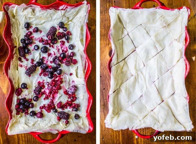 Decadent Berry Cheesecake Baklava 11 Berry Cheesecake Baklava cut into diamond shapes before baking