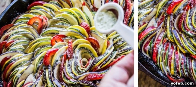 Sun-Kissed Vegetable Bake 5 Sprinkling dip spice mixture over sliced vegetables for ratatouille.