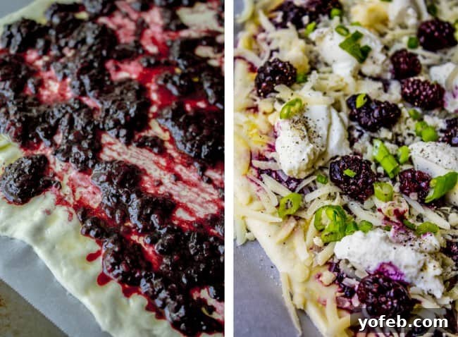 How to make ricotta pizza with blackberries Step-by-step process of adding smashed blackberries to a pizza base.