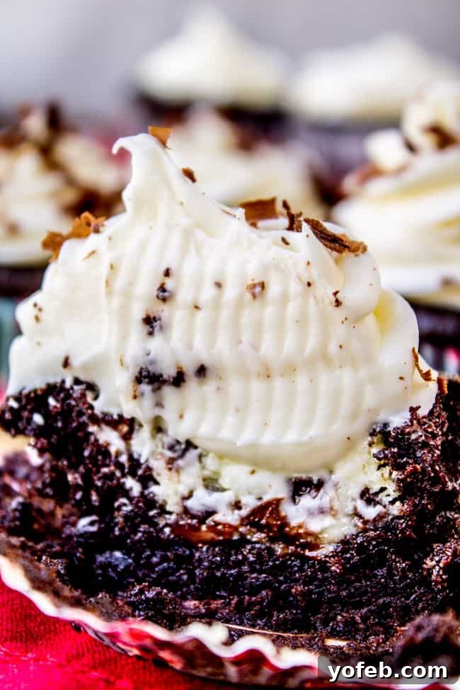 Black Bottom Chocolate Cream Cheese Cupcakes 5 chocolate cupcake with cream cheese filling and cream cheese frosting cut in half.