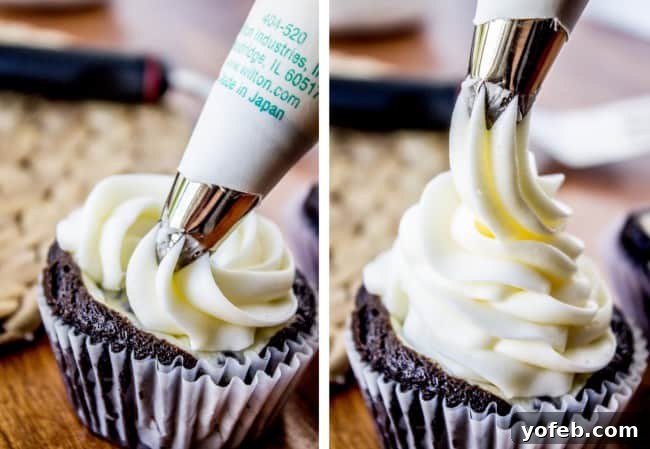 Black Bottom Chocolate Cream Cheese Cupcakes 6 piping cream cheese frosting onto a black bottom cupcake.