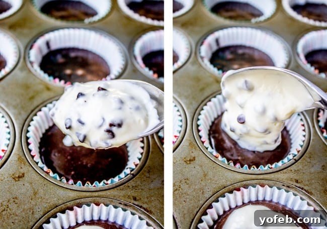 Black Bottom Chocolate Cream Cheese Cupcakes 8 putting cream cheese filling into chocolate cupcake batter in a muffin tin.