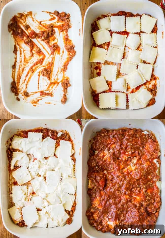 Lazy Lasagna with Ravioli 5 Step-by-step photos showing the layering of sauce, frozen ravioli, and ricotta cheese in a baking pan.