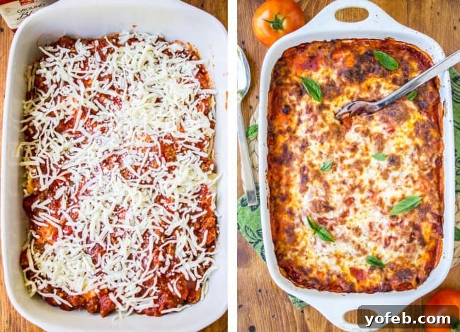 Lazy Lasagna with Ravioli 6 Images showing mozzarella being added to an unbaked lasagna, and a finished, baked lasagna.