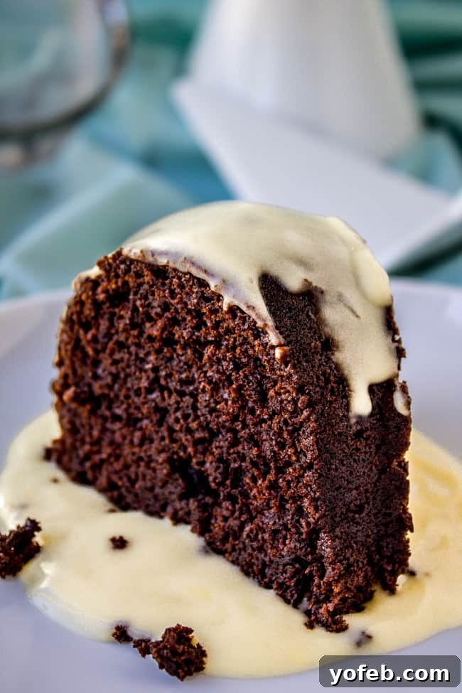 Decadent Chocolate Coconut Dream Cake 4 Closeup of moist chocolate cake slice with coconut custard