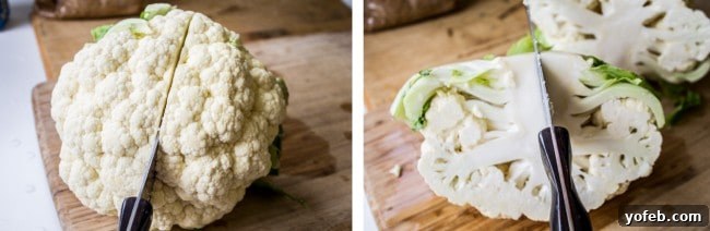 Smoky Kielbasa and Zucchini Cauliflower Rice Skillet 10 Step-by-step image of whole cauliflower head being prepared for ricing