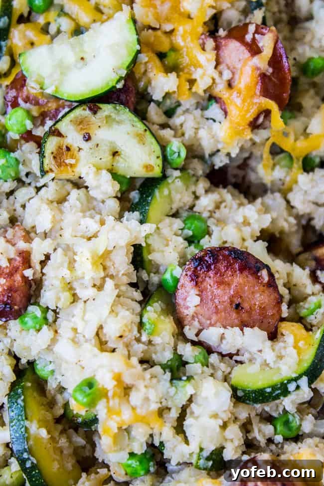Smoky Kielbasa and Zucchini Cauliflower Rice Skillet 7 A close-up of the flavorful Cauliflower Rice Skillet, highlighting the textured cauliflower rice
