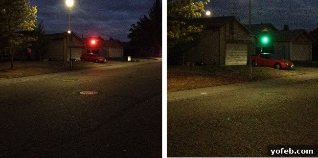 Pillowy Pumpkin Cream Cheese Puffs 4 Split image showing a red car in front of a house at night. Left side: the garage light is red, right side: the same light is green. The street and houses are dimly lit under a dark sky.