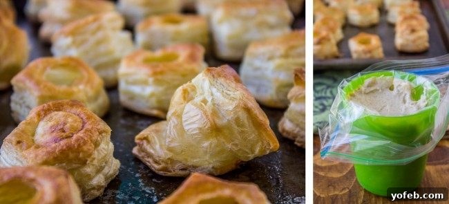 Pillowy Pumpkin Cream Cheese Puffs 7 Freshly baked puff pastry shells on a baking tray on the left; on the right, a green cup with a plastic bag inside, filled with a creamy filling, ready to be piped into the pastries.