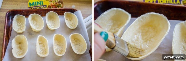 Loaded Buffalo Chicken Boats 7 Brushing melted butter onto a mini taco boat before baking