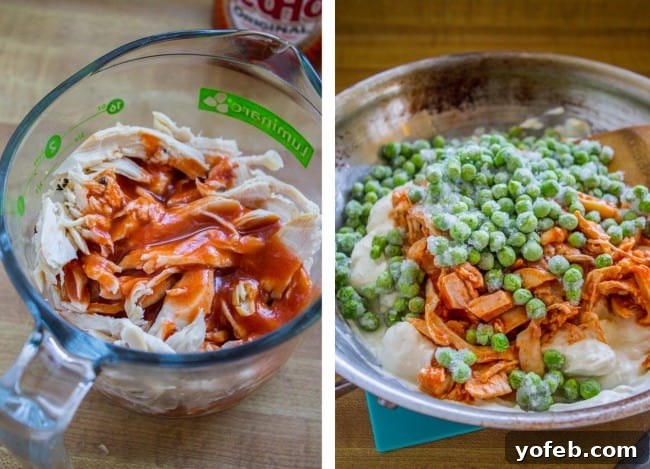 Loaded Buffalo Chicken Boats 9 Cooked chicken, cream cheese, and peas in a skillet being warmed