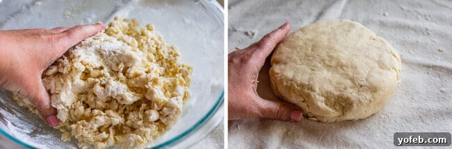 Hands gently patting and shaping the scone dough into a thick, uniform circle on a floured surface, preparing it for cutting.