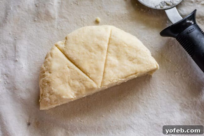 A half-circle of scone dough clearly showing its thick profile and potential layers, ready to be sliced into individual scones.