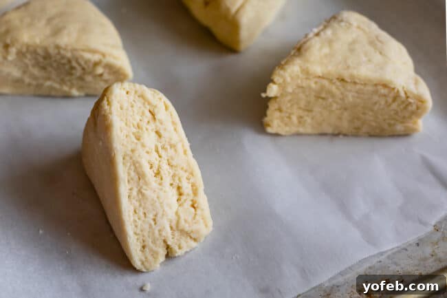 Unbaked scone triangles, with visible flaky layers, arranged neatly on a parchment-lined baking sheet, awaiting their chill time.