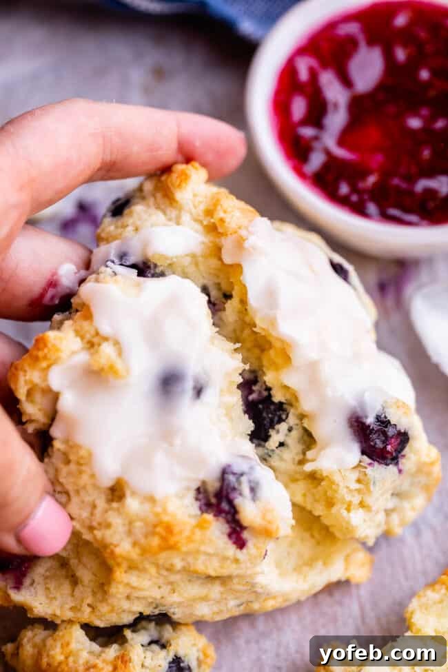 A blueberry scone, freshly baked and glazed, is torn open to reveal its moist, layered interior and the juicy blueberries within.