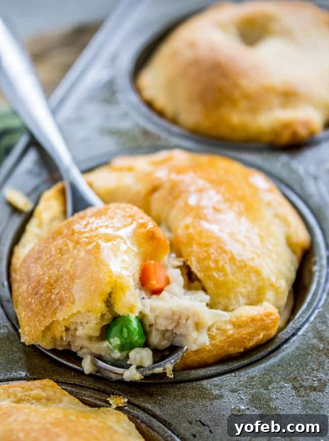Quick Crescent Chicken Pot Pie Bites 2 Serving up a mini chicken pot pie from a muffin tin, highlighting its golden-brown crust.