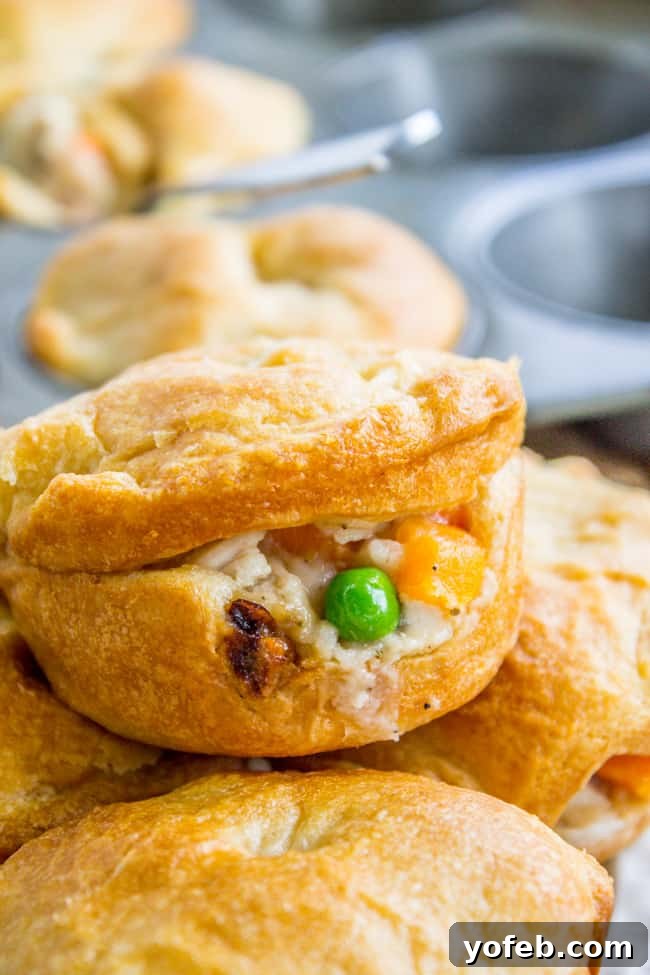 Quick Crescent Chicken Pot Pie Bites 4 Individual mini chicken pot pies with crescent rolls stacked by a muffin tin, showcasing their golden crusts.