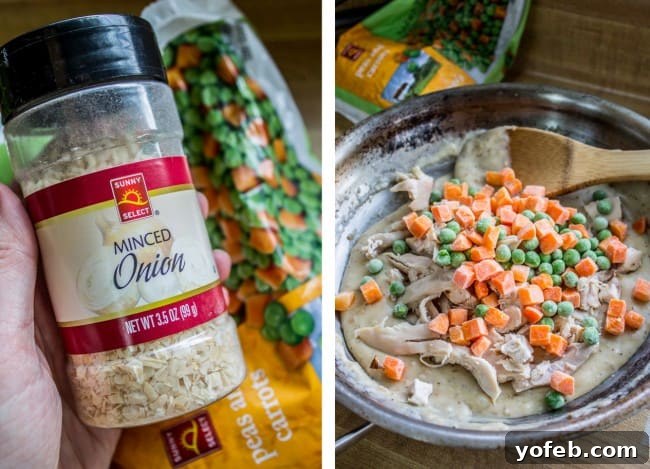 Quick Crescent Chicken Pot Pie Bites 5 Minced dried onion and sauteing frozen peas and carrots, chicken, and sauce for individual chicken pot pie recipe.