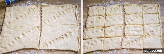 Quick Crescent Chicken Pot Pie Bites 6 Rolling and cutting crescent roll dough for chicken pot pie with crescent rolls.