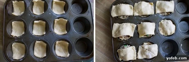 Quick Crescent Chicken Pot Pie Bites 7 Placing crescent roll dough rectangles in muffin pan on top and bottom of individual chicken pot pies.