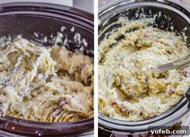 Luscious Slow Cooker Buttermilk Mashed Potatoes 6 Buttermilk Mashed Potatoes in a slow cooker, mashed and ready
