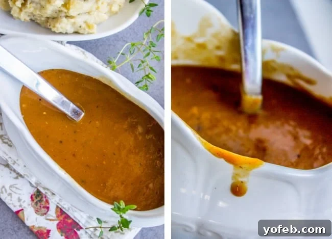 Classic white gravy boat holding delicious make ahead turkey gravy. A white gravy boat filled with rich, homemade turkey gravy, accompanied by a gleaming metal ladle.