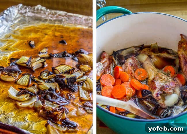From roasted drippings to simmering stock: the journey to perfect make ahead turkey gravy. A two-part image showing roasted vegetables and deglazing liquid on a baking sheet, and turkey parts with vegetables simmering in a pot.