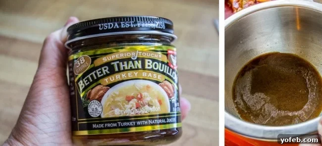 Skimming fat and adding bouillon for the best make ahead turkey gravy. Before and after pictures of broth for gravy, demonstrating fat separation, along with bouillon base.