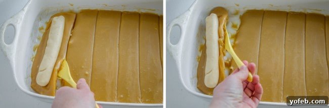 Gourmet Caramel Pecan Nougat Rolls 16 Lifting a strip of sticky caramel from the pan