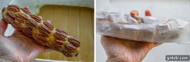 Gourmet Caramel Pecan Nougat Rolls 18 Decorating a caramel nougat roll with pecans