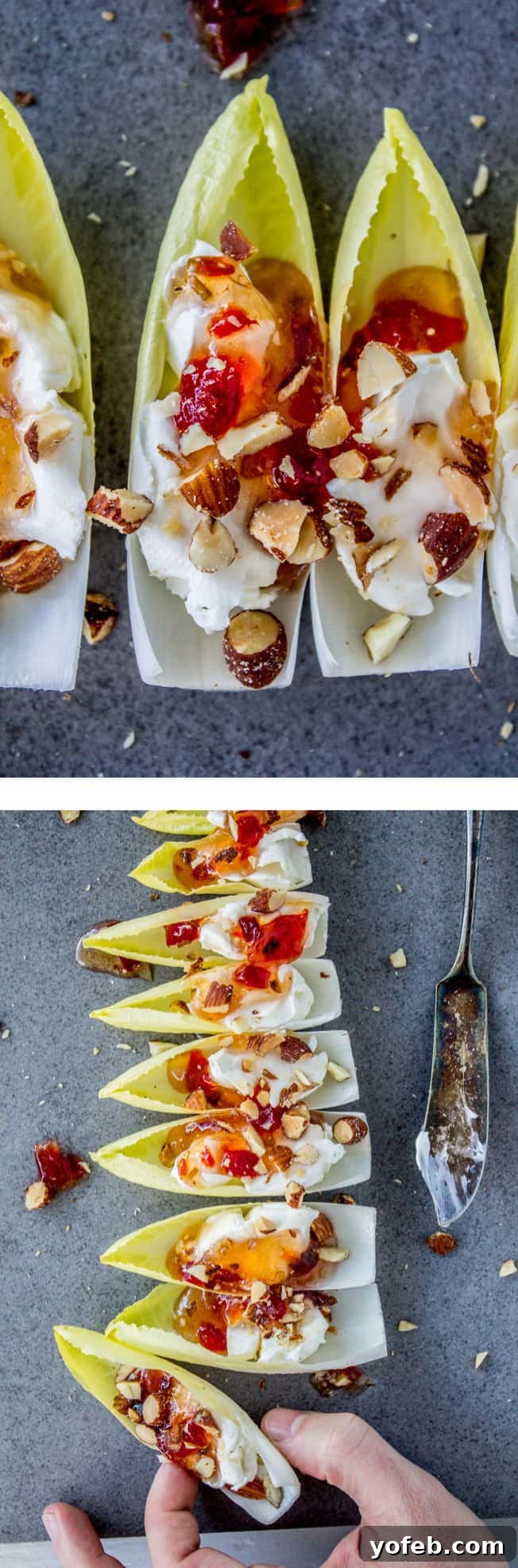 Smoky Almond & Cream Cheese Endive Boats 3 Smokey Almond Cream Cheese Endive Bites for Pinterest