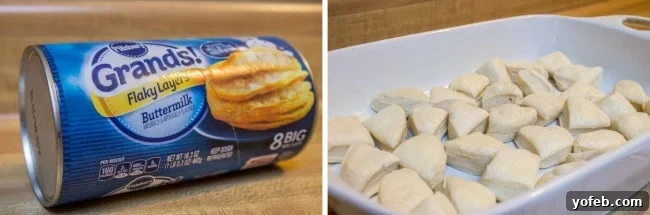 Preparing Pillsbury Grands biscuits for an easy Overnight Biscuits and Gravy Casserole. Pillsbury Grands biscuits in the can and cut into quartered pieces, ready for the breakfast casserole assembly.