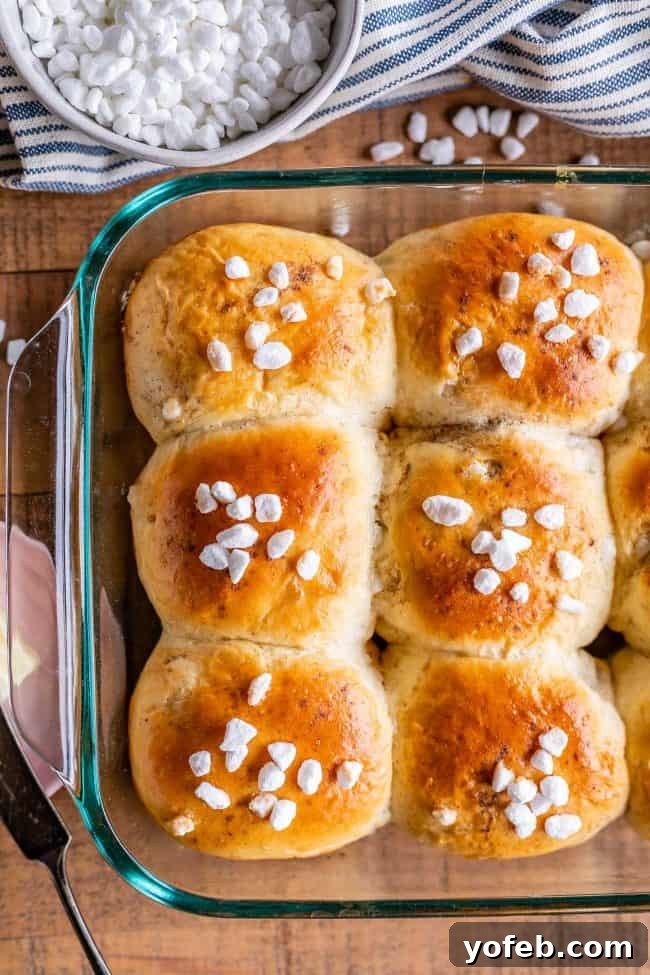 A vibrant, close-up shot of golden-brown cardamom rolls, lightly dusted with a generous amount of pearl sugar. The rolls are arranged invitingly, showcasing their soft, fluffy texture and warm color.