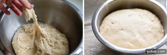 A hand gently pinches a small portion of dough from a rising roll, checking its consistency and elasticity. The dough looks soft and airy, indicating a successful rise.