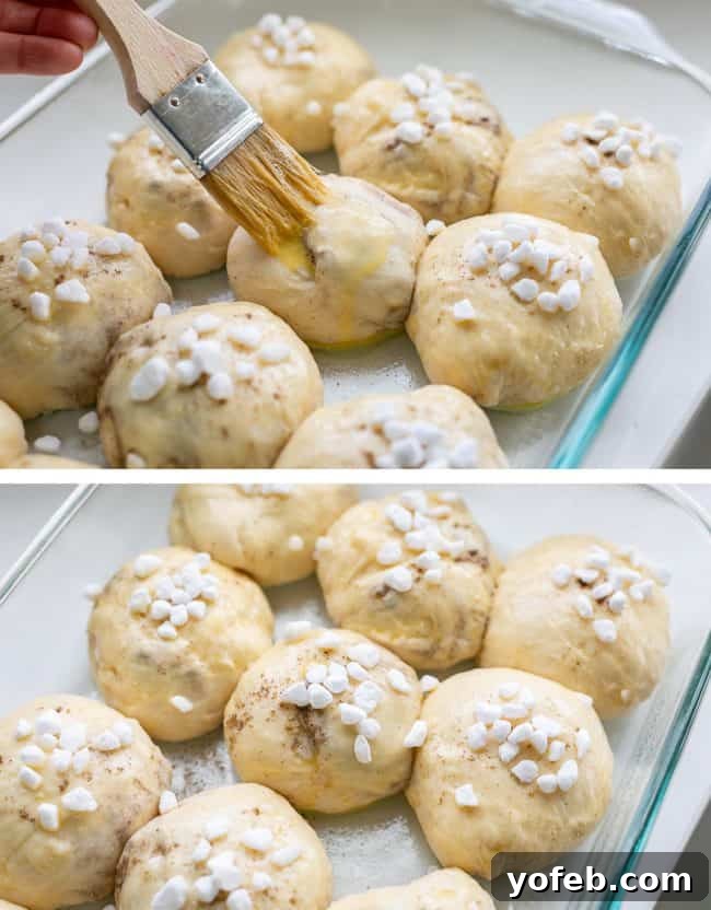 A pastry brush glides over the top of risen cardamom rolls in a baking dish, applying an egg wash. The rolls appear plump and soft, ready for baking.