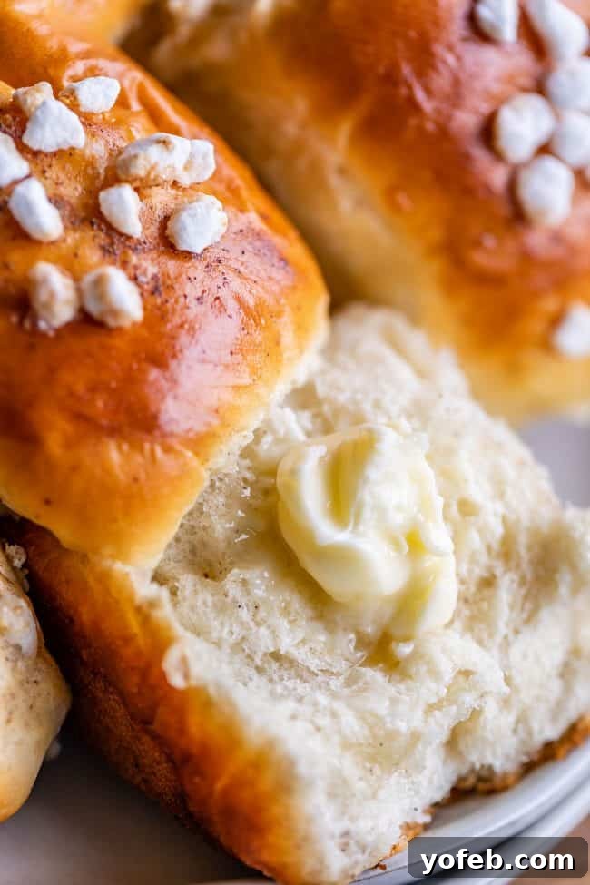 An overhead shot captures a pan of golden-brown cardamom rolls, each glistening with pearl sugar on top. The rolls are arranged in rows, showcasing their perfectly baked surfaces and inviting texture.