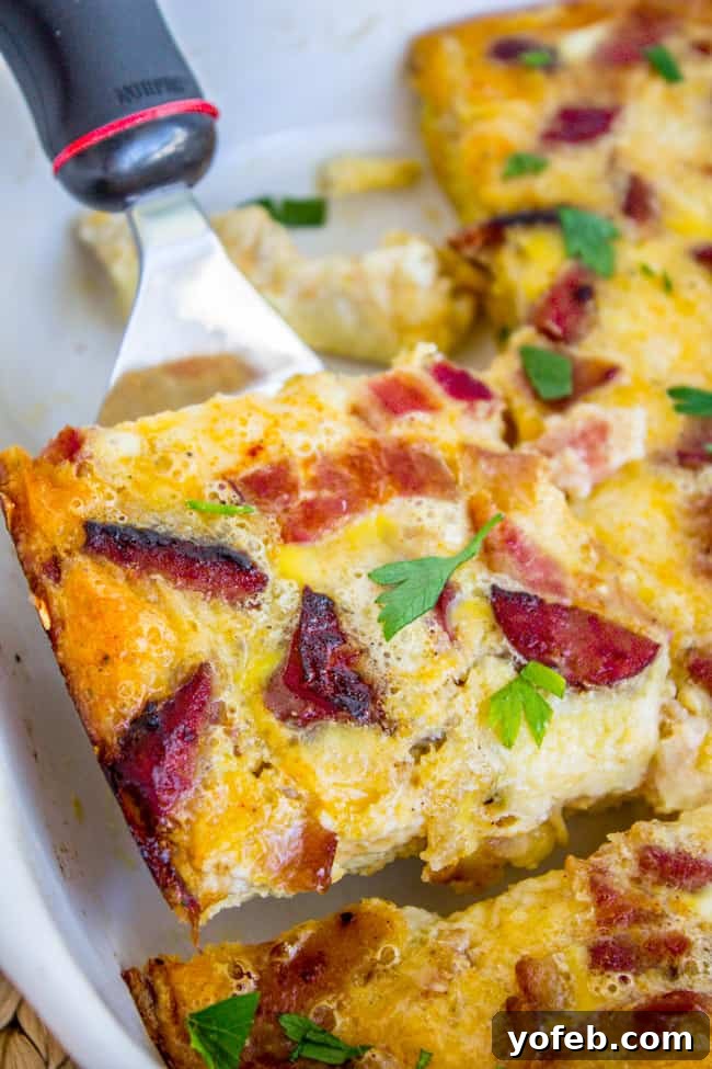 A Savory Slice of Overnight Egg and Cheese Casserole Overhead view of a baked egg and cheese casserole with a fork taking a bite