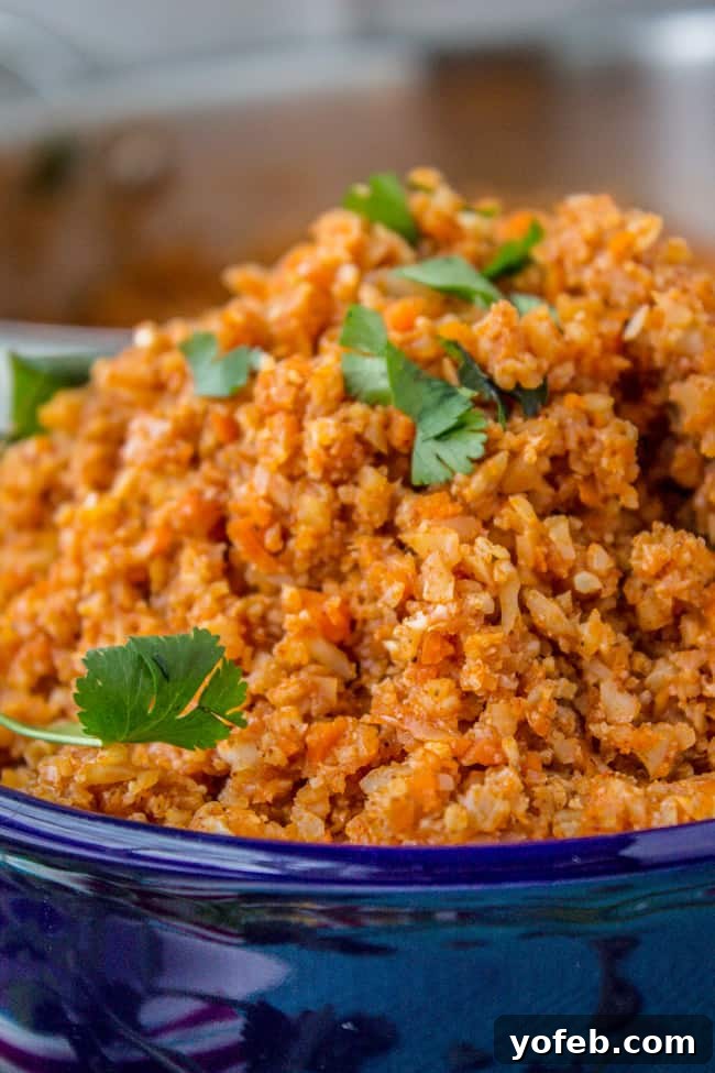Spanish Cauliflower Rice for Your Mexican Feast 5 Freshly cooked Spanish Cauliflower Rice in a bowl, garnished with cilantro
