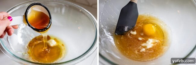 Wholesome Chocolate Chip Delights 13 A sequence of images showing honey being added to a clear glass bowl, and an egg being stirred into the wet batter.
