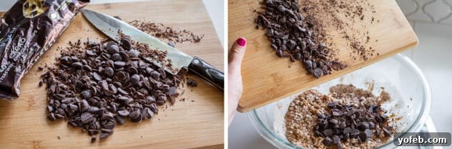 Wholesome Chocolate Chip Delights 15 Images showing dark chocolate chips being chopped on a cutting board with a knife, and then being added to the cookie dough.